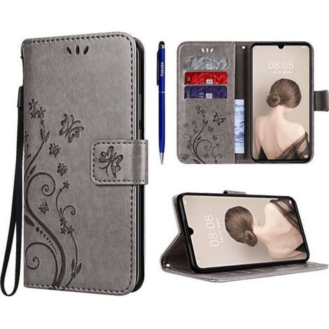 Coque Huawei P30 lite Portefeuille Etui en Cuir Flip Béquille Magnétique Fermeture Sangle Slim Antichoc Gaufrage Tournesol Gris (1/4)