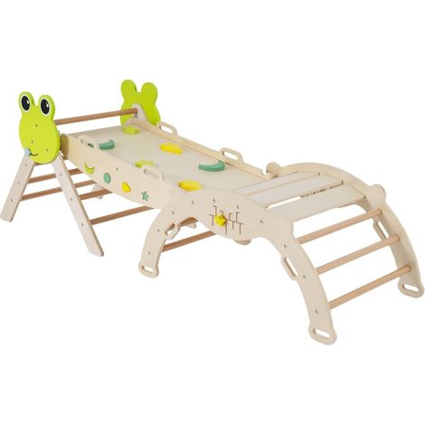 Juego de escalada para niños pequeños con tobogán, arco y rampa - Madera natural