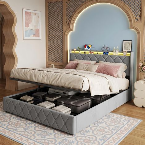 Lit Coffre Double 140x200 cm flanelle Gris, Connecté USB/Type-C, Maintien Antidérapant du Matelas, Sommier Inclus, Scandinave (1/5)