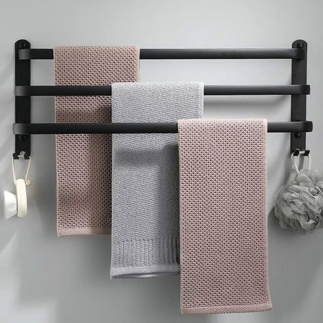 Porte Serviette Murale Salle de Bain, Porte Serviette sur Pied Accessoire, sans Percages Noir (1/5)