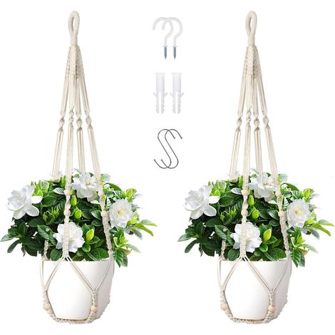 Porte Plante Suspendu Intérieur Lot de 2, 90 cm avec Crochets. Support pour Pots jusqu'à 23 cm. Décoration bohème Minimaliste. (sans Pots ni Plantes) (1/5)