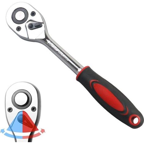 Llave de carraca de 1/4 de pulgada, Llave manual multifuncional, 24 dientes, Mango recto, Mango antideslizante, Agarre cómodo, Negro, rojo (1/5)