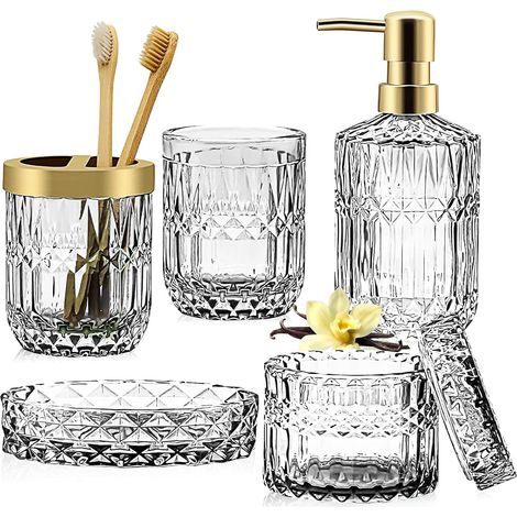 5 Pièces - Ensemble Accessoires Salle De Bain - Verre Transparent - Distributeur Savon Porte Brosse Gobelet - Pour Maison Cadeau - Doré - Sans Dimension Spécifique