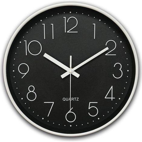 royaluxe - Horloge 12 pouces horloge murale ronde horloge à quartz , cadre blanc et fond noir , 30430cm, (1/4)