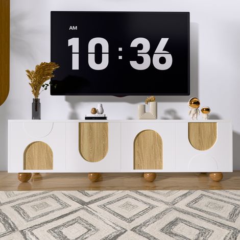 Mueble para TV de MDF y PB natural y blanco 175x38x50 cm, 4 puertas y gran capacidad de almacenaje (1/5)