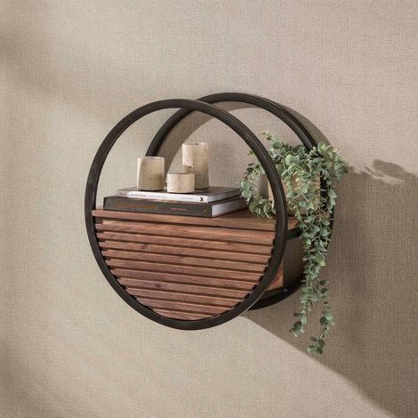 Etagère murale ronde bois d'acacia foncé 1 tiroir Ø50 cm NAKO (1/5)