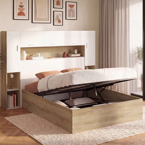 Cama doble con canapé BRIDGET, armario con espacio de almacenamiento y somier de 140 x 190 cm, en madera y blanco (1/5)