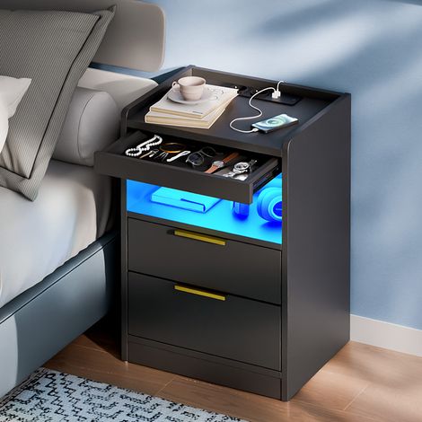 Table de Chevet LED avec Tiroir Caché, Table de Nuit Charge USB/Prise, 3 Tiroirs+Compartiment Ouvert, pour Chambre/Salon/bureau, 60x37x35cm, Noir, Mondeer