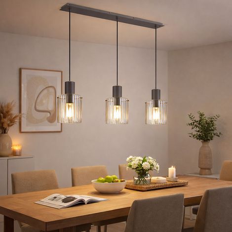 LED Pendellampe Pendelleuchte Esstischleuchte Wohnzimmerlampe Hängeleuchte 3 Flammig Rauchglas, Metall grau, 3x 7W 3x 810lm warmweiß, LxBxH 98x18x120 cm