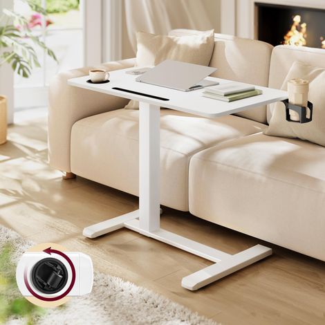 Bureau Assis-Debout sur roulettes, Table Mobile Réglable en Hauteur, Plateau de 80 x 45 cm, 2 Porte-gobelets, Fente Porte-Téléphone ou Tablette, Blanc Nuage LSD601W01 (1/5)