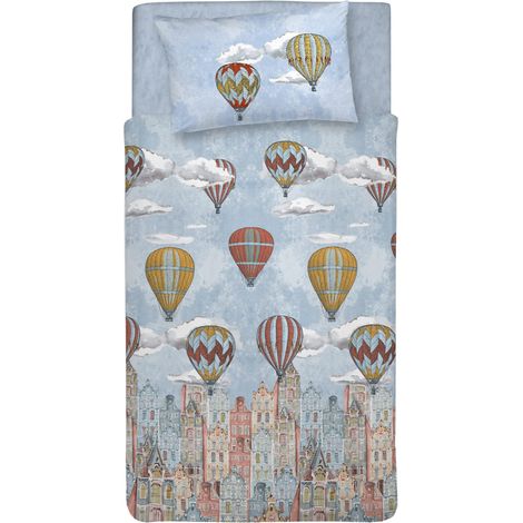 Parure de lit 1 Personne 100% Coton, avec Sac 155 x 200 cm et 1 taie d'oreiller 52 x 82 cm, fabriquée en Italie, Housse de Couette Lavable en Machine à 40 °, Fantaisie Voler Orange (1/5)