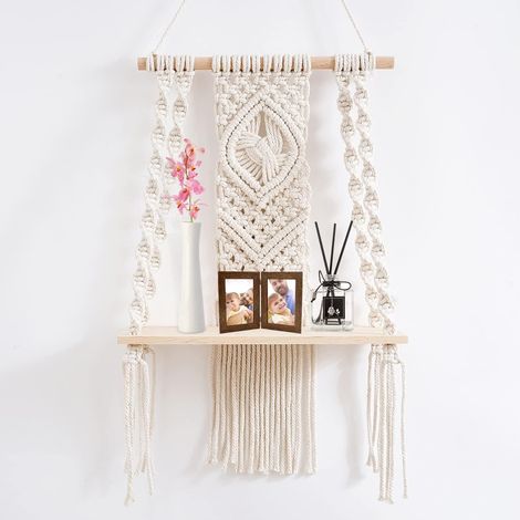 Etagere Murale Bois Boheme Macramé,Tissé à La Main Etagere Suspendue Corde avec Corde en Coton,Decoration Boheme pour Salon,Bureau (1/5)