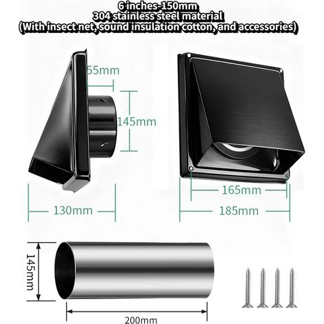 Grille d'aération en acier inoxydable 304 de 150 mm, grille d'évacuation d'air, avec clapet anti-retour intégré, moustiquaire et ouate insonorisante (1/5)