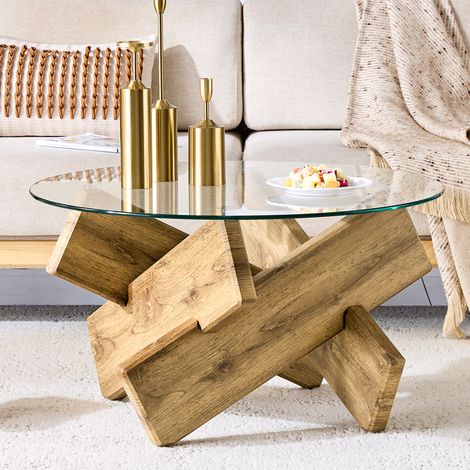 Mesa de centro redonda, cristal templado de 0.8 cm de espesor, estructura de madera 79x79x45 cm color madera natural (1/5)