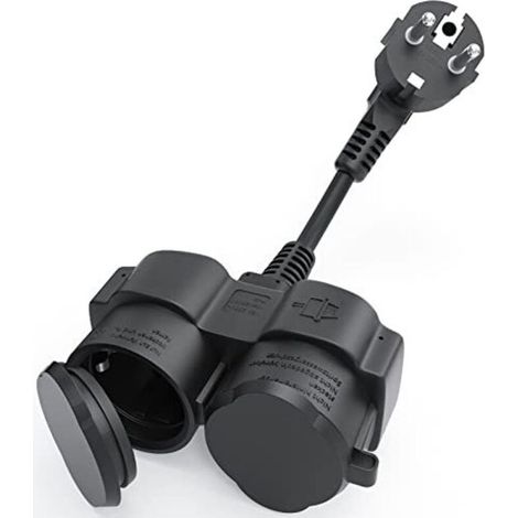 Rallonge avec prises Schuko, fiche double en caoutchouc pour usage extérieur, prise extérieure 2 en 1, étanche IP44 pour jardin, cuisine, noir (1/4)