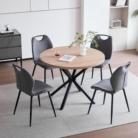 5-teiliges Esstisch-Set: Runder 100cm Tisch mit 4 gepolsterten Stühlen, Dutch Velvet, Grau (1/5)