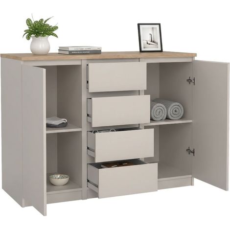 Dmora - Credenza Qorina, buffet da soggiorno con 2 ante e 4 cassetti, madia da salotto e dispensa da cucina, 121x50 h91 cm, Beige