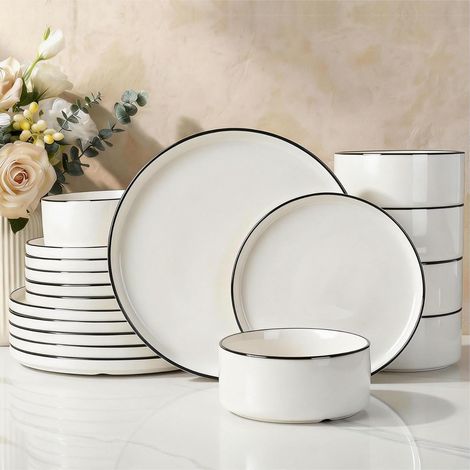 Service de vaisselle en porcelaine, set 18 pièces assiettes et bols pour 6 personnes, compatible micro-ondes et lave-vaisselle, Blanc avec contour noir (1/5)