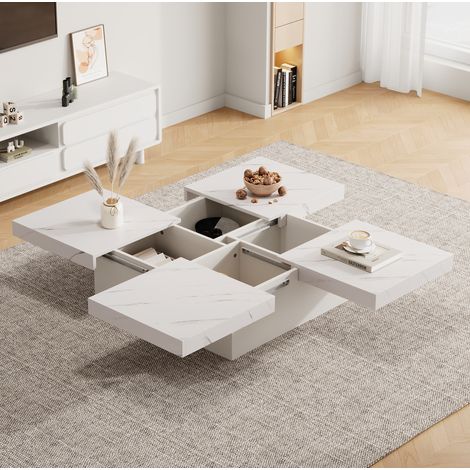 Mesa de centro cuadrada blanca de aglomerado, efecto mármol, 90 x 90 cm, 4 cajones, tablero deslizante (1/5)