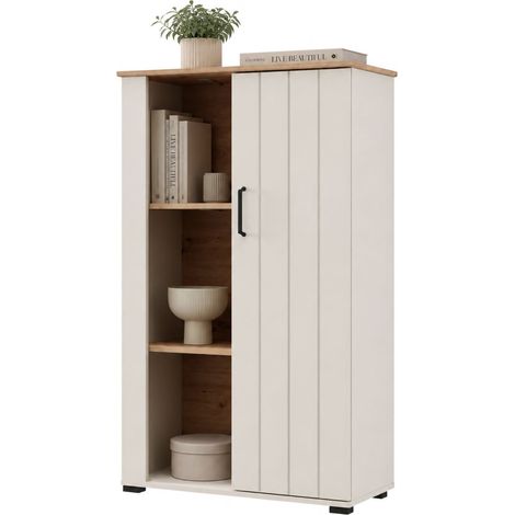 Vitrine Farra, Präsentationsschrank 4 Regale, 1 Tür, 6 Fächer, 79x36x127h cm Cremeweiß