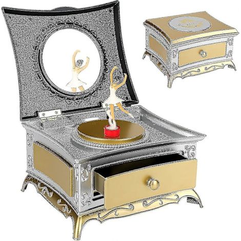 Boîte à musique classique dorée, boîte à musique pour bijoux, boîte à musique ballerine rotative avec tiroir et miroir de maquillage, gracieuse ballerine pour un anniversaire (1/5)