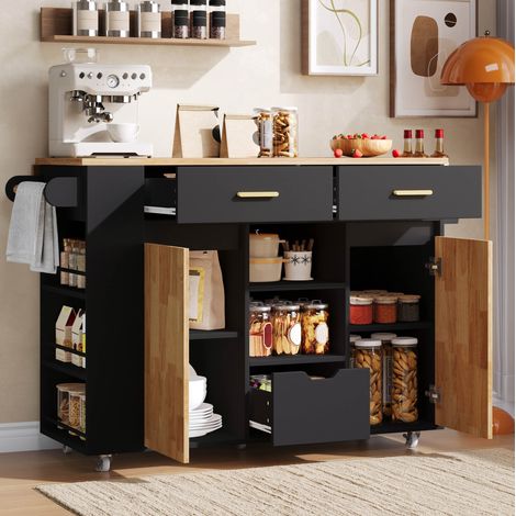 Isola cucina 120x71x90 cm in MDF nero e naturale, pieghevole salvaspazio – MEUBLIV (1/5)