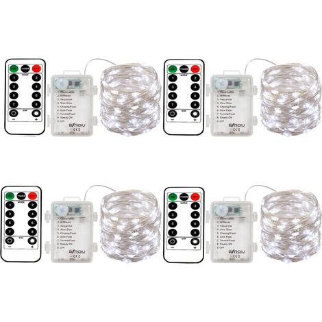 4 x 50Leds Guirlande Lumineuse a Pile,5 mètre Micro Argent Câble 3AAA(Pile non incluse) Opération batterie étanche avec télécommande 8 Programme (Blanc ) (1/5)