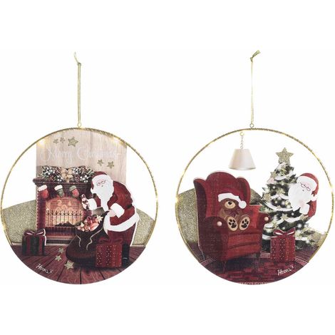 Decorazioni natalizie luminose in metallo e legno con Babbo Natale e orsetto dal design vintage, da appendere con luci LED, set da 4 pezzi, Ø 24 cm