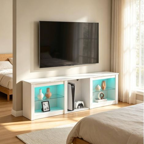 Meuble TV 160x35x51,7 cm en panneaux de bois blanc, avec rangement pour salon FloraGrace (1/5)