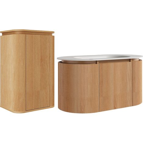 Meuble de salle de bain suspendu strié en bois de frêne avec vasque à encastrer et colonne – Naturel clair - 90 cm - LILIKO (1/3)