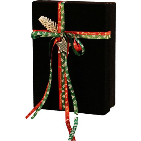 Neujahrsgeschenkbox (schwarz, 28 x 20 x 9 cm) mit Deckel und rotem Samtboden, verziert mit Weihnachtsäpfeln. (1/2)