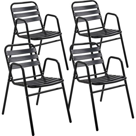 Oviala – Lot de 4 fauteuils de jardin aluminium noir – Structure 100% aluminium anodisé – Assise ajourée pour évacuation des eaux – Empilables
