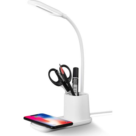 1 Lampe de bureau LED, chargeur sans fil, intensité variable, rotation 360°, batterie USB, porte-stylo, maison, bureau (1/5)