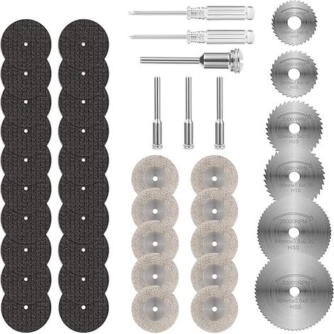 Flintronic 36 discos de corte de diamante mini, discos de corte para Dremel, hojas de sierra circular de resina HSS con 5 mandriles SC y 2 destornilladores para cortar madera, metal, plástico y piedra (1/5)