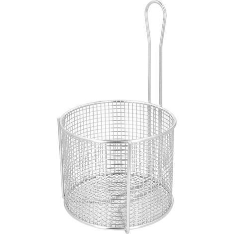 Cestello rotondo riutilizzabile in acciaio inox con manico, ideale per friggere e servire patatine fritte. Maglia a maglie fitte. (1/5)