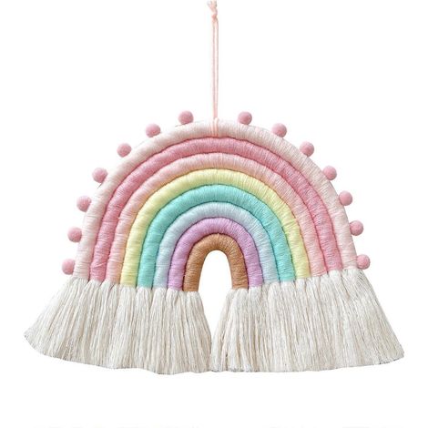 Titre : Pendentif arc-en-ciel en corde de coton tissé main, décoration colorée avec glands, style nordique pour suspension murale ou décoration intérieure (1/4)