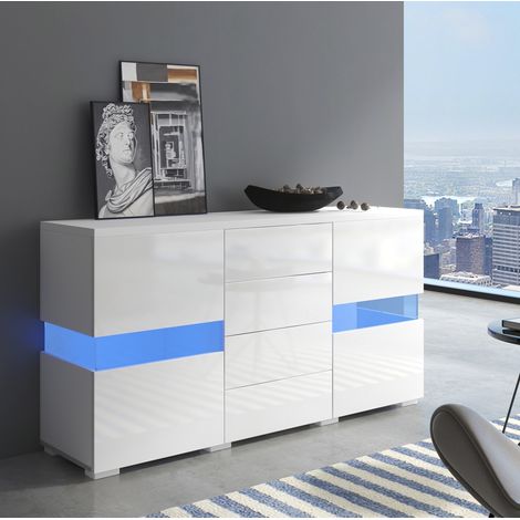 Weißes Hochglanz-Sideboard mit 16-farbiger LED, 140 x 35 x 72 cm, MDF, OKWISH (1/5)