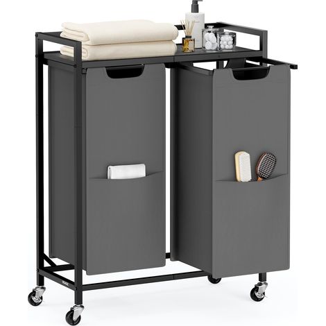 Trieur à linge, 110 L, panier à linge avec 2 compartiments, chariot roulant avec roulettes, étagère, sacs amovibles, poches, gris ardoise et gris anthracite (1/5)