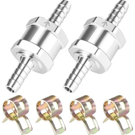 Clapet anti-retour de carburant en aluminium 6 mm (lot de 2), 4 colliers de serrage, pour systèmes de tuyaux de carburant basse pression, chromé, pour huile et eau, essence, automobile, bar (1/4)