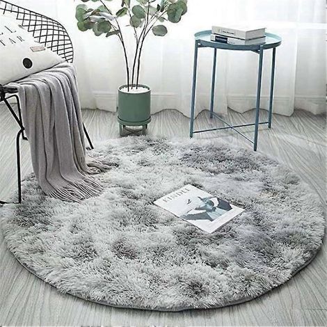 Tapis gravier gris glacé, poils longs et épais, motif tie-dye rond, antidérapant et lavable, idéal pour le salon ou la chambre. Dimensions : 80 cm, couleur claire. (1/4)