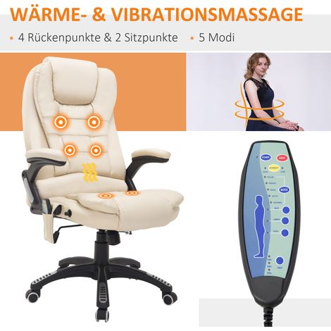 Bürostuhl mit Massagefunktion, Heizung, Höhenverstellung, Neigungsfunktion, Massage-Bürostuhl, cremeweiß + schwarz (1/5)