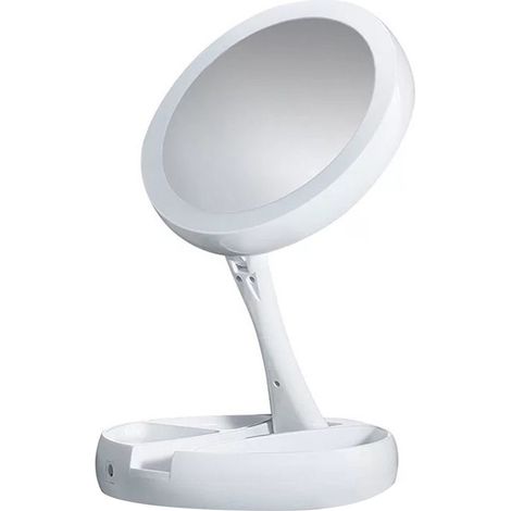 Miroir de maquillage LED blanc pliable rond avec rangement, miroir lumineux de voyage à domicile, miroir de beauté compact réglable (1/5)