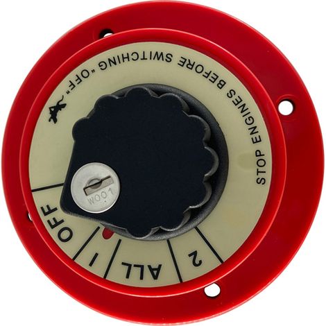 Battery switch with red control panel, mains switch, rotary switch for battery protection, yacht and boat accessories, switch with red control panel, keyless switch.