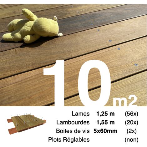 Kit terrasse bois exotique IPE pour 10 m² • Lames 1,25 m, lambourdes 1,55 m et visserie Inox • Livraison gratuite (1/4)