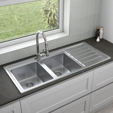 ArtiKitch Stainless Steel 2 Double Bowl Kitchen Sink Square Inset Reversible Drainer Waste