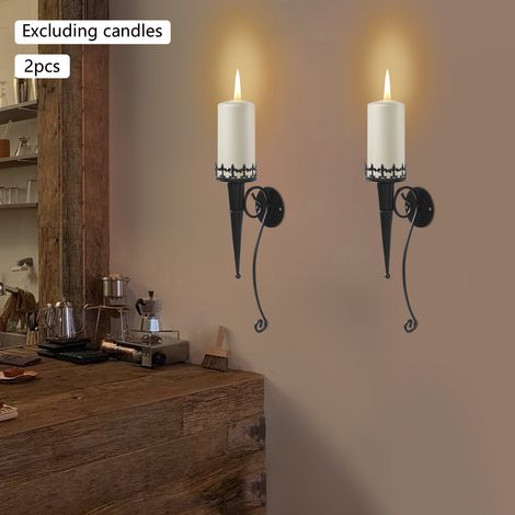 Lot de 2 bougeoirs en fer noir, bougeoirs muraux en forme de torche pour bougies cylindriques, Luminaire (1/5)