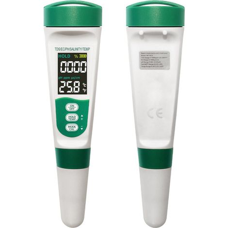 Medidor electrónico de pH, kit de prueba para piscinas 5 en 1: pH/TDS/EC/salinidad/temperatura, pantalla iluminada VA, acuarios y piscinas (1/5)