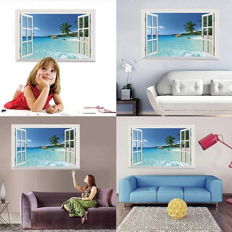 Sticker mural décoratif de plage d'été, grand format, amovible, style paysage, effet plage et mer, effet paysage. (1/5)