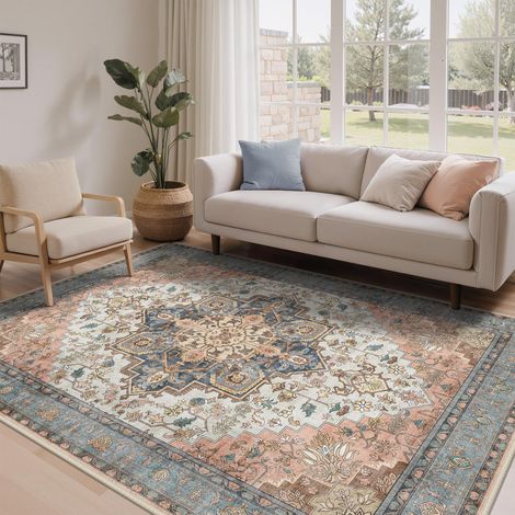 Tapis Salon Vintage 200x290cm Lavable en Machine Rug AntidéRapant Poil Ras, pour Chambre Salle a Manger Descente de Lit Bureau, Cuisine, Rose (1/5)