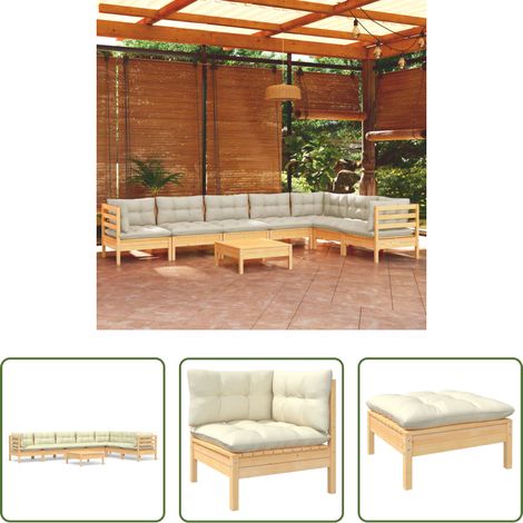 Terrassensofa - 8-tlg. Garten-Lounge-Set mit Creme Kissen Massivholz Kiefer (1/5)